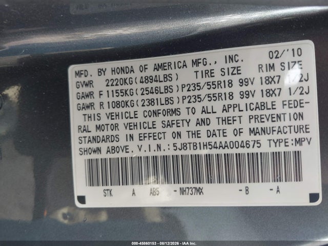 Aukcja sprzedaży 2010 Acura Rdx, vin: 5J8TB1H54AA004675, numer aukcji: 45860153