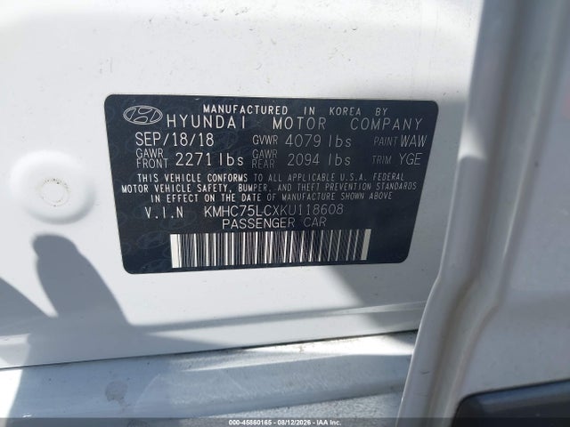 Aukcja sprzedaży 2019 Hyundai Ioniq Hybrid Sel, vin: KMHC75LCXKU118608, numer aukcji: 45860165