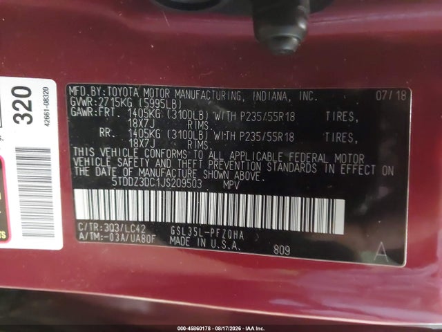 Aukcja sprzedaży 2018 Toyota Sienna Xle 7 Passenger, vin: 5TDDZ3DC1JS209503, numer aukcji: 45860178