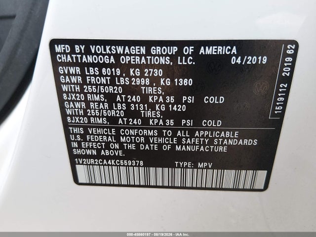Aukcja sprzedaży 2019 Volkswagen Atlas 3.6l V6 Se W/technology, vin: 1V2UR2CA4KC559378, numer aukcji: 45860197