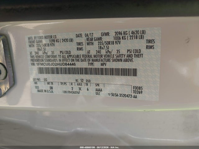 45860199 :رقم المزاد ، 1FMCU0JD2HUD84446 vin ، 2017 Ford Escape Titanium مزاد بيع