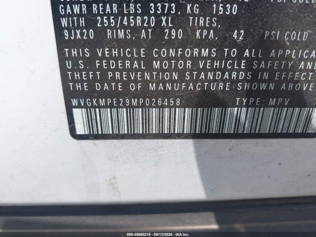 45860218 :رقم المزاد ، WVGKMPE29MP026458 vin ، 2021 Volkswagen Id.4 Pro S مزاد بيع