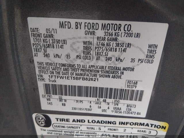 Aukcja sprzedaży 2011 Ford F-150 Fx4/king Ranch/lariat/platinum/xlt, vin: 1FTFW1ET5BFB82621, numer aukcji: 45860223