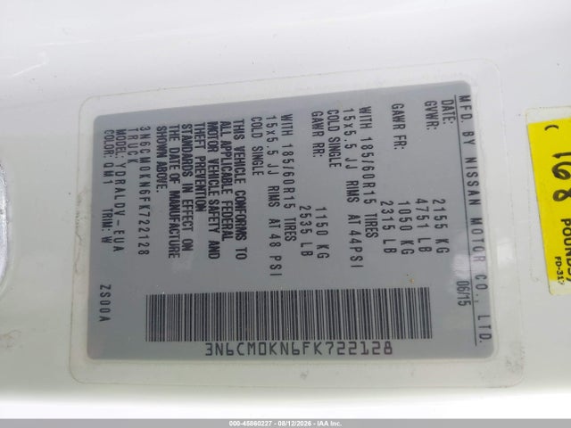 45860227 :رقم المزاد ، 3N6CM0KN6FK722128 vin ، 2015 Nissan Nv200 S/sv مزاد بيع