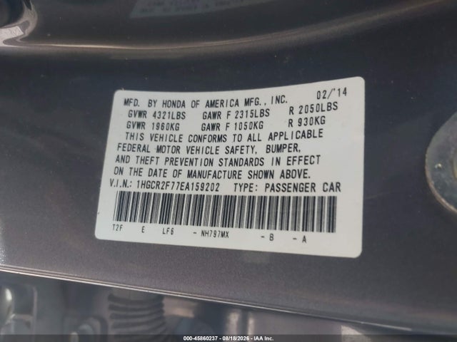 Aukcja sprzedaży 2014 Honda Accord Ex, vin: 1HGCR2F77EA159202, numer aukcji: 45860237