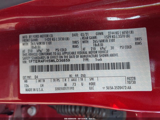 Продажа на аукционе авто 2021 Ford Ranger Xl, vin: 1FTER4FH5MLD36859, номер лота: 45860256
