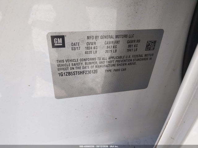 Продаж на аукціоні авто 2017 Chevrolet Malibu Ls, vin: 1G1ZB5ST6HF236126, номер лоту: 45860258