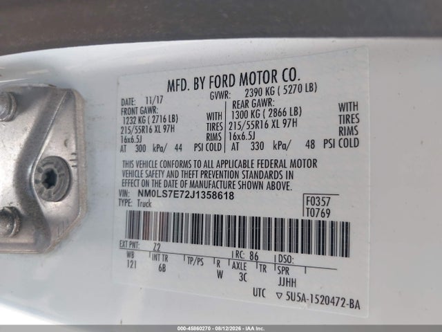 2018 Ford Transit Connect Xl მანქანა იყიდება აუქციონზე, vin: NM0LS7E72J1358618, აუქციონის ნომერი: 45860270