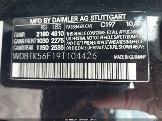 Auction sale of the 2009 Mercedes-benz Clk 350, vin: WDBTK56F19T104426, lot number: 45860271