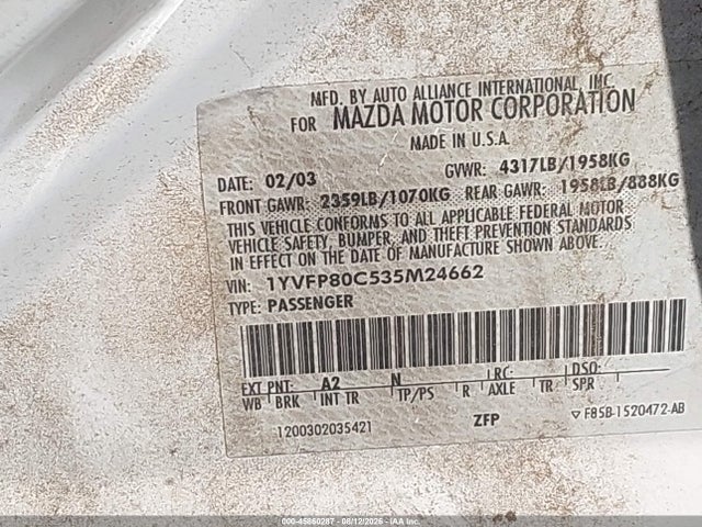 45860287 :رقم المزاد ، 1YVFP80C535M24662 vin ، 2003 Mazda Mazda6 I مزاد بيع
