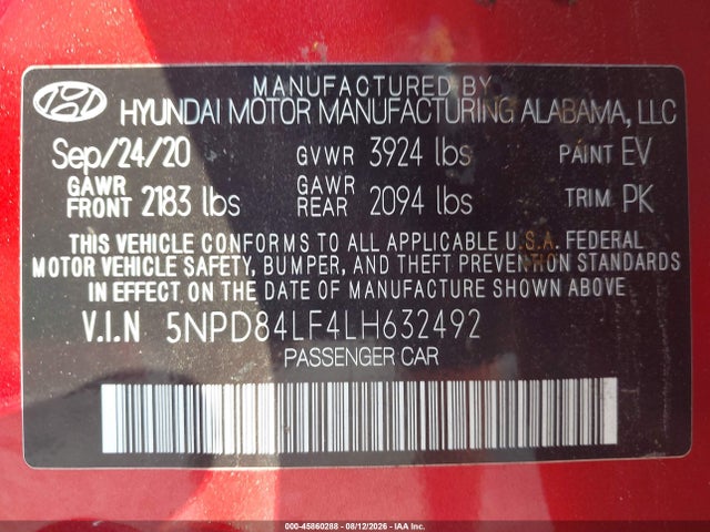 Продажа на аукционе авто 2020 Hyundai Elantra Sel, vin: 5NPD84LF4LH632492, номер лота: 45860288