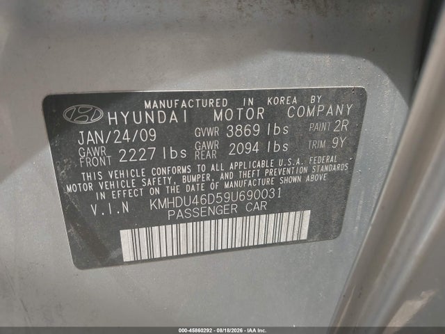 45860292 :رقم المزاد ، KMHDU46D59U690031 vin ، 2009 Hyundai Elantra Gls مزاد بيع