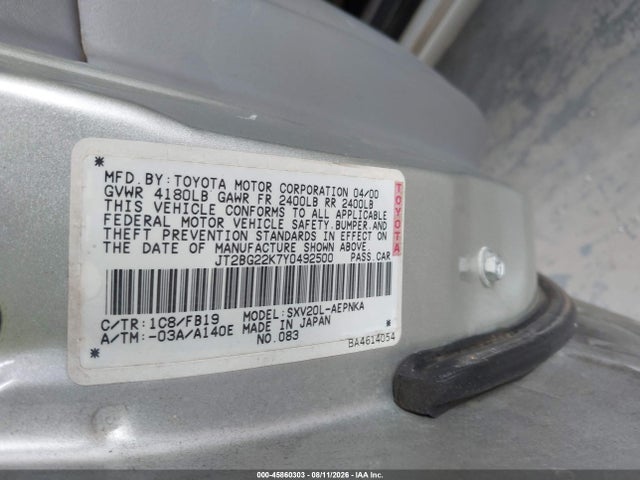 Продаж на аукціоні авто 2000 Toyota Camry Le, vin: JT2BG22K7Y0492500, номер лоту: 45860303