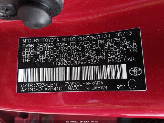 Aukcja sprzedaży 2013 Toyota Prius Four, vin: JTDKN3DU3D5649387, numer aukcji: 45860302