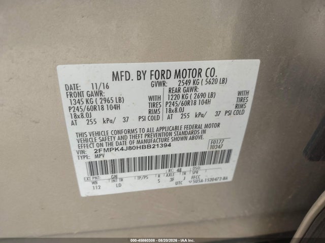 45860308 :رقم المزاد ، 2FMPK4J80HBB21394 vin ، 2017 Ford Edge Sel مزاد بيع