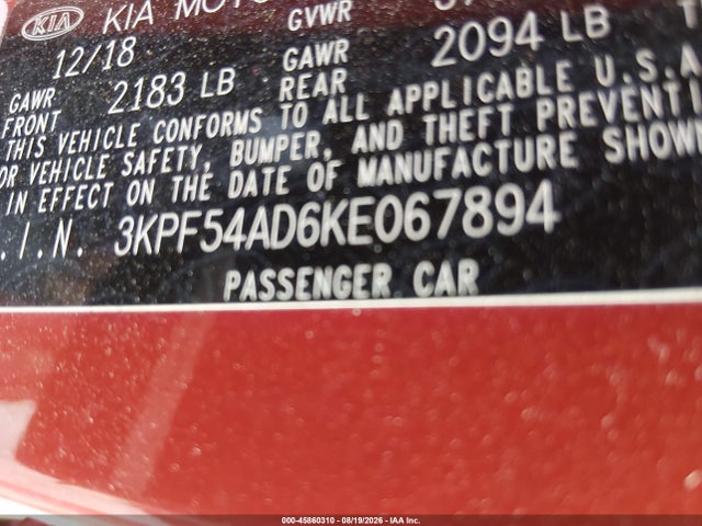2019 Kia Forte Ex მანქანა იყიდება აუქციონზე, vin: 3KPF54AD6KE067894, აუქციონის ნომერი: 45860310