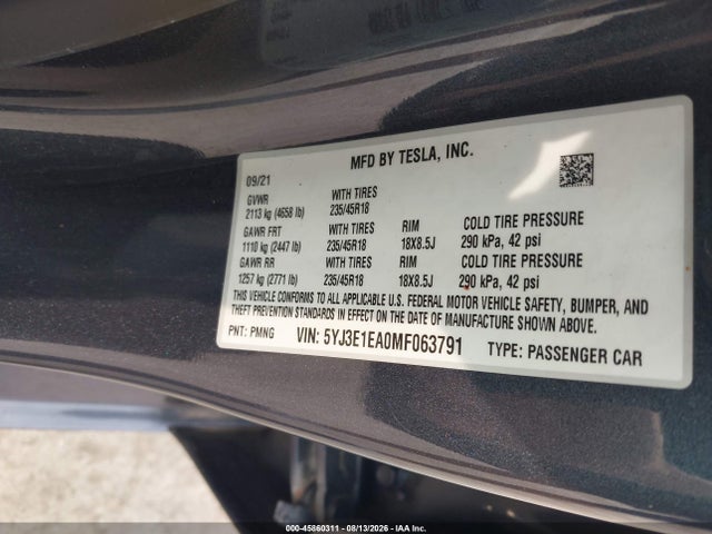 Tesla Model 3 Standard Range Plus Rear-wheel Drive 2021 5YJ3E1EA0MF063791 Image 9
