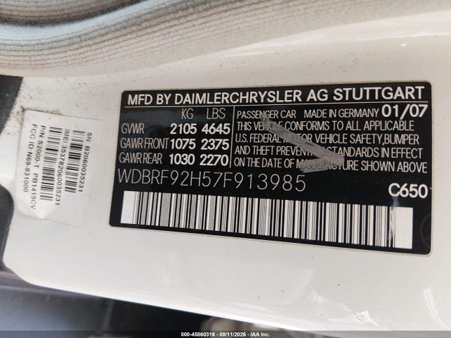 Aukcja sprzedaży 2007 Mercedes-benz C 280 Luxury 4matic, vin: WDBRF92H57F913985, numer aukcji: 45860316