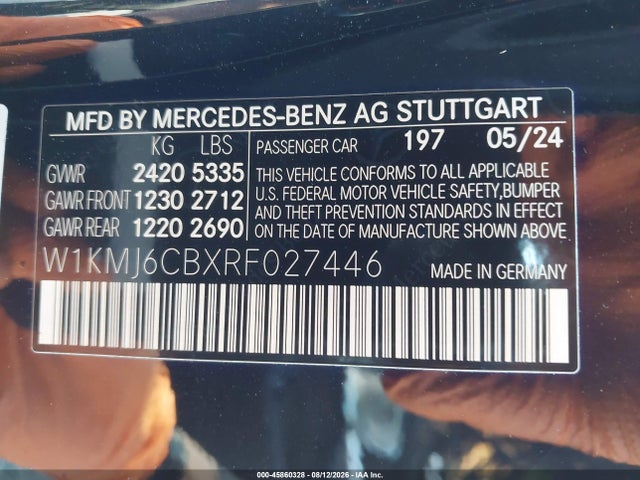Aukcja sprzedaży 2024 Mercedes-benz Amg Cle 53, vin: W1KMJ6CBXRF027446, numer aukcji: 45860328
