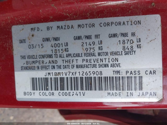 Aukcja sprzedaży 2015 Mazda Mazda3 I Touring, vin: JM1BM1V7XF1265908, numer aukcji: 45860339