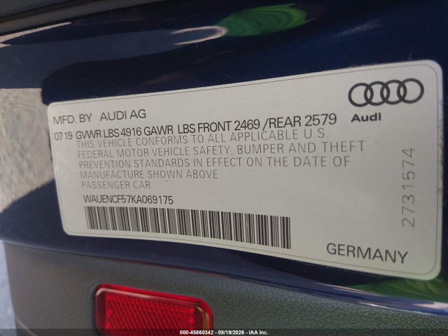 Aukcja sprzedaży 2019 Audi A5 45 Premium, vin: WAUENCF57KA069175, numer aukcji: 45860342