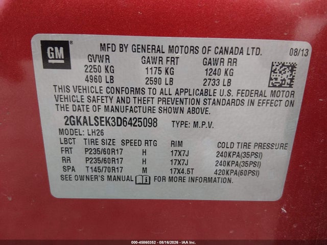 Aukcja sprzedaży 2013 Gmc Terrain Sle-2, vin: 2GKALSEK3D6425098, numer aukcji: 45860352