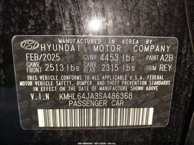 45860358 :رقم المزاد ، KMHL64JA3SA486368 vin ، 2025 Hyundai Sonata Sel مزاد بيع