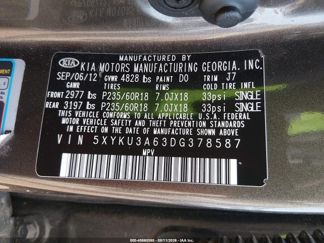 2013 Kia Sorento Ex მანქანა იყიდება აუქციონზე, vin: 5XYKU3A63DG378587, აუქციონის ნომერი: 45860368