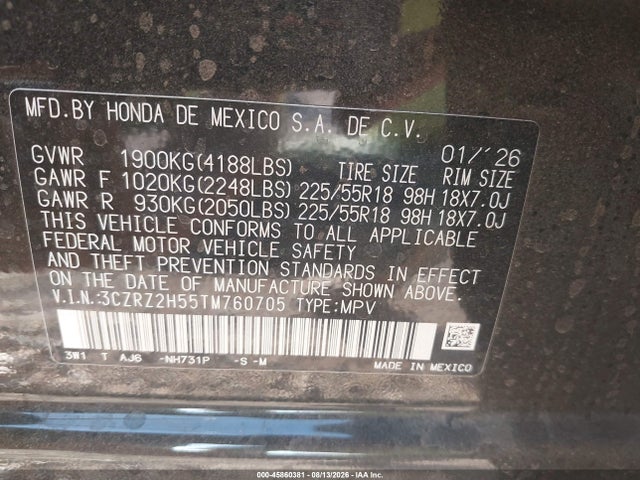 2026 Honda Hr-v Awd Sport მანქანა იყიდება აუქციონზე, vin: 3CZRZ2H55TM760705, აუქციონის ნომერი: 45860381