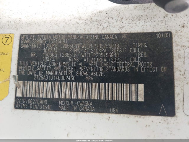 45860386 :رقم المزاد ، 2T2GA31U14C002460 vin ، 2004 Lexus Rx 330 مزاد بيع