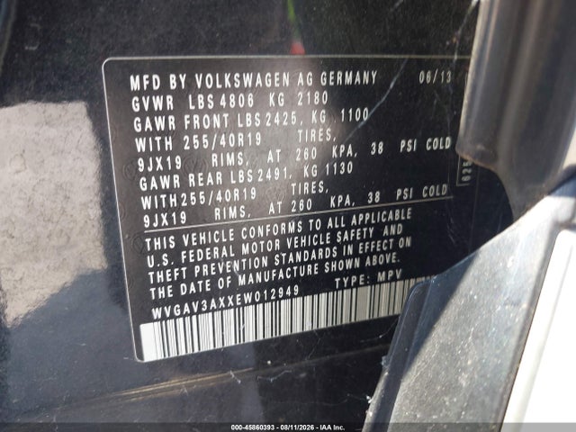 45860393 :رقم المزاد ، WVGAV3AXXEW012949 vin ، 2014 Volkswagen Tiguan R-line مزاد بيع