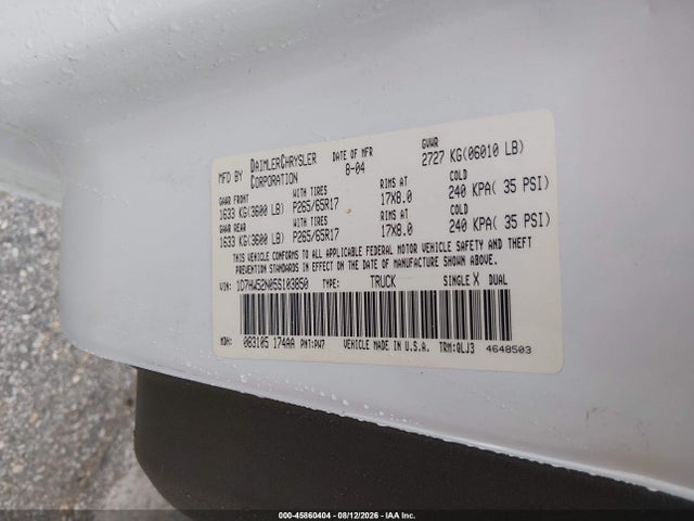 45860404 :رقم المزاد ، 1D7HW52N05S103850 vin ، 2005 Dodge Dakota Laramie مزاد بيع