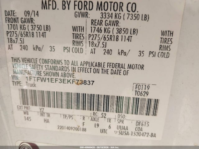 Ford F-150 Lariat 2014 1FTFW1EF3EKF73837 Image 9