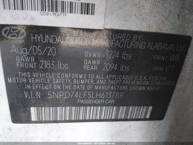 Продаж на аукціоні авто 2020 Hyundai Elantra Se, vin: 5NPD74LF5LH613789, номер лоту: 45860431