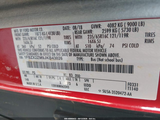 Продажа на аукционе авто 2018 Ford Transit-350 Xl, vin: 1FBZX2ZM9JKB43026, номер лота: 45860432