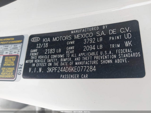 Продаж на аукціоні авто 2019 Kia Forte Lxs, vin: 3KPF24AD6KE077284, номер лоту: 45860433