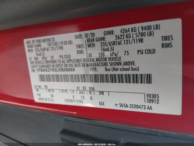 Продаж на аукціоні авто 2020 Ford Transit-350 Passenger Van Xl, vin: 1FBAX2Y83LKB08888, номер лоту: 45860434