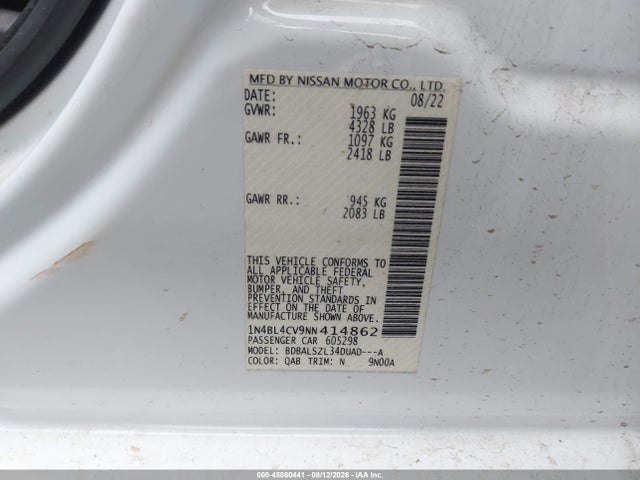 Продажа на аукционе авто 2022 Nissan Altima Sr Fwd, vin: 1N4BL4CV9NN414862, номер лота: 45860441