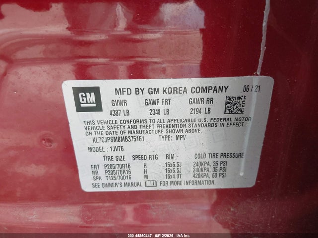 45860447 :رقم المزاد ، KL7CJPSM8MB375161 vin ، 2021 Chevrolet Trax Awd Lt مزاد بيع