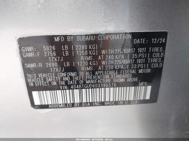 45860454 :رقم المزاد ، 4S4BTGUD6S3196576 vin ، 2025 Subaru Outback Wilderness مزاد بيع
