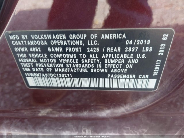 2013 Volkswagen Passat 2.0l Tdi Se მანქანა იყიდება აუქციონზე, vin: 1VWBN7A37DC133271, აუქციონის ნომერი: 45860457