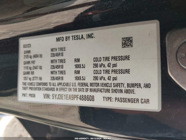 Aukcja sprzedaży 2023 Tesla Model 3 Rear-wheel Drive, vin: 5YJ3E1EA9PF488608, numer aukcji: 45860471