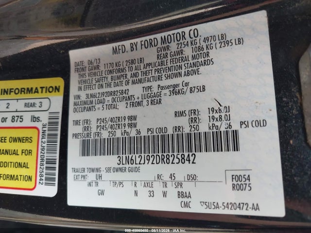 Продажа на аукционе авто 2013 Lincoln Mkz, vin: 3LN6L2J92DR825842, номер лота: 45860480