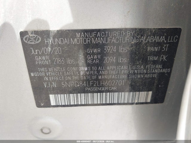 45860487 :رقم المزاد ، 5NPD84LF2LH602701 vin ، 2020 Hyundai Elantra Sel مزاد بيع