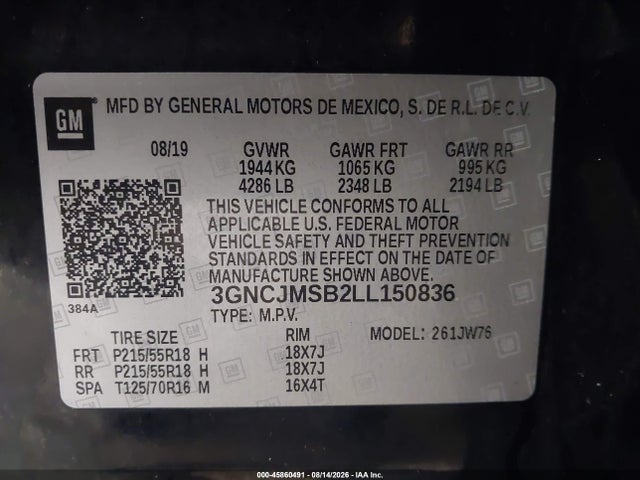 Aukcja sprzedaży 2020 Chevrolet Trax Fwd Premier, vin: 3GNCJMSB2LL150836, numer aukcji: 45860491