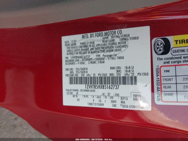 Aukcja sprzedaży 2008 Ford Mustang Gt Deluxe/gt Premium, vin: 1ZVHT85HX85162737, numer aukcji: 45860494