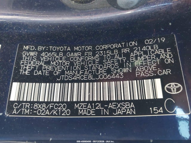 JTDS4RCE8LJ006443 Toyota COROLLA SE