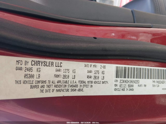 2008 Chrysler 300c Hemi მანქანა იყიდება აუქციონზე, vin: 2C3KA63H18H242253, აუქციონის ნომერი: 45860500