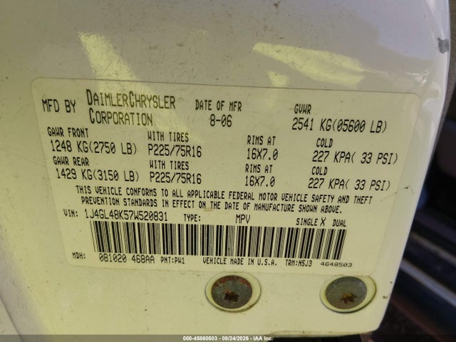 45860503 :رقم المزاد ، 1J4GL48K57W520831 vin ، 2007 Jeep Liberty Sport مزاد بيع