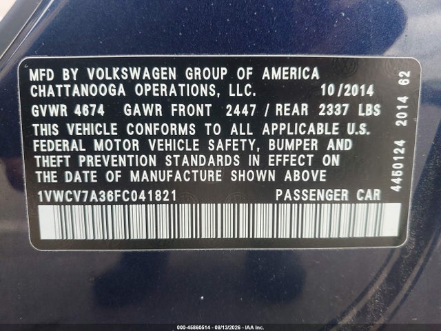 2015 Volkswagen Passat 2.0l Tdi Sel Premium მანქანა იყიდება აუქციონზე, vin: 1VWCV7A36FC041821, აუქციონის ნომერი: 45860514